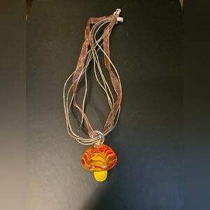 Handcrafted Yellow & Red Glass Mushroom Pendant Necklace